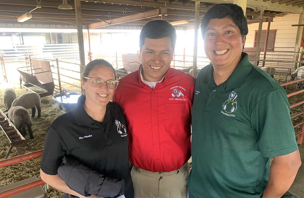 Fresno State student Ivan Trujillo and his Greenfield High School teachers (and Fresno State alum) reunite through a campus farm tour high school students through multicultural ambassadors outreach program.