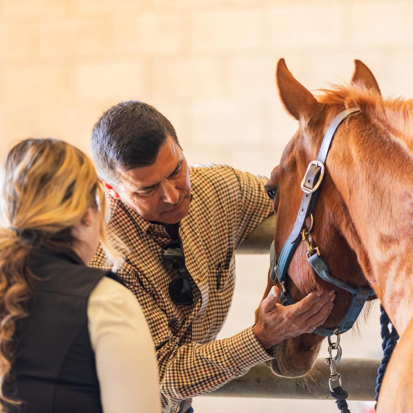 Professor Jason Contreras showing a student how to halter a horse