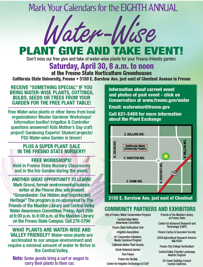 Water-Wise Plant Give and Take Event, Sat., April 30, 8am-Noon, Fresno State Horitculture Unit