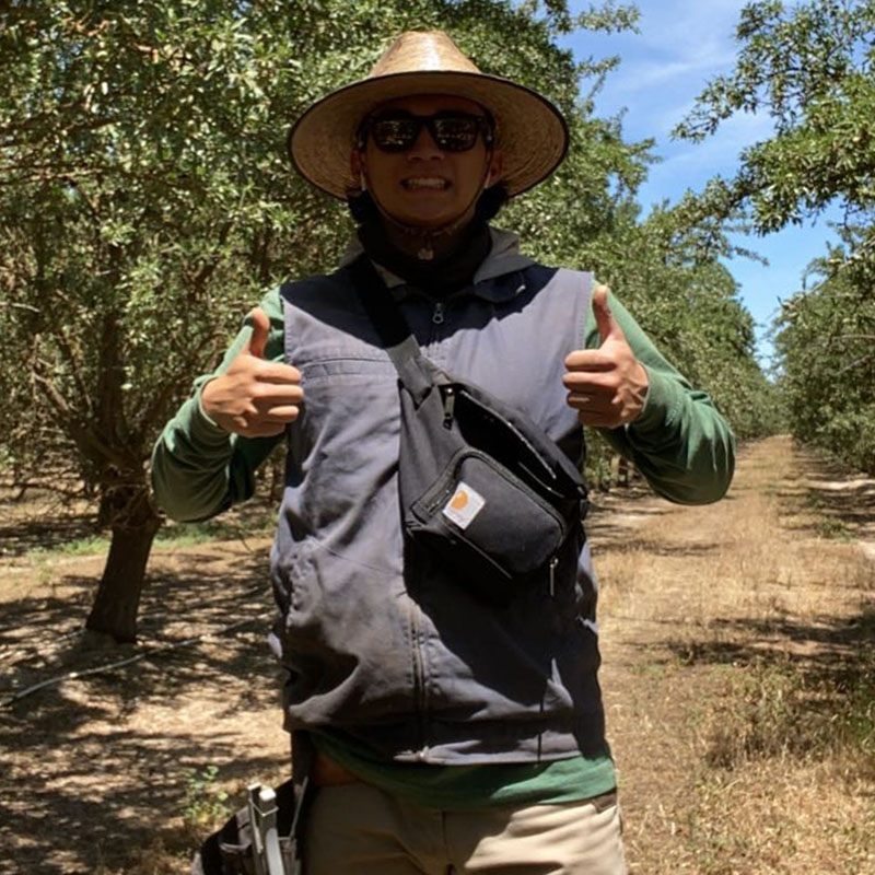 Erik Rodriguez working in almond orchard