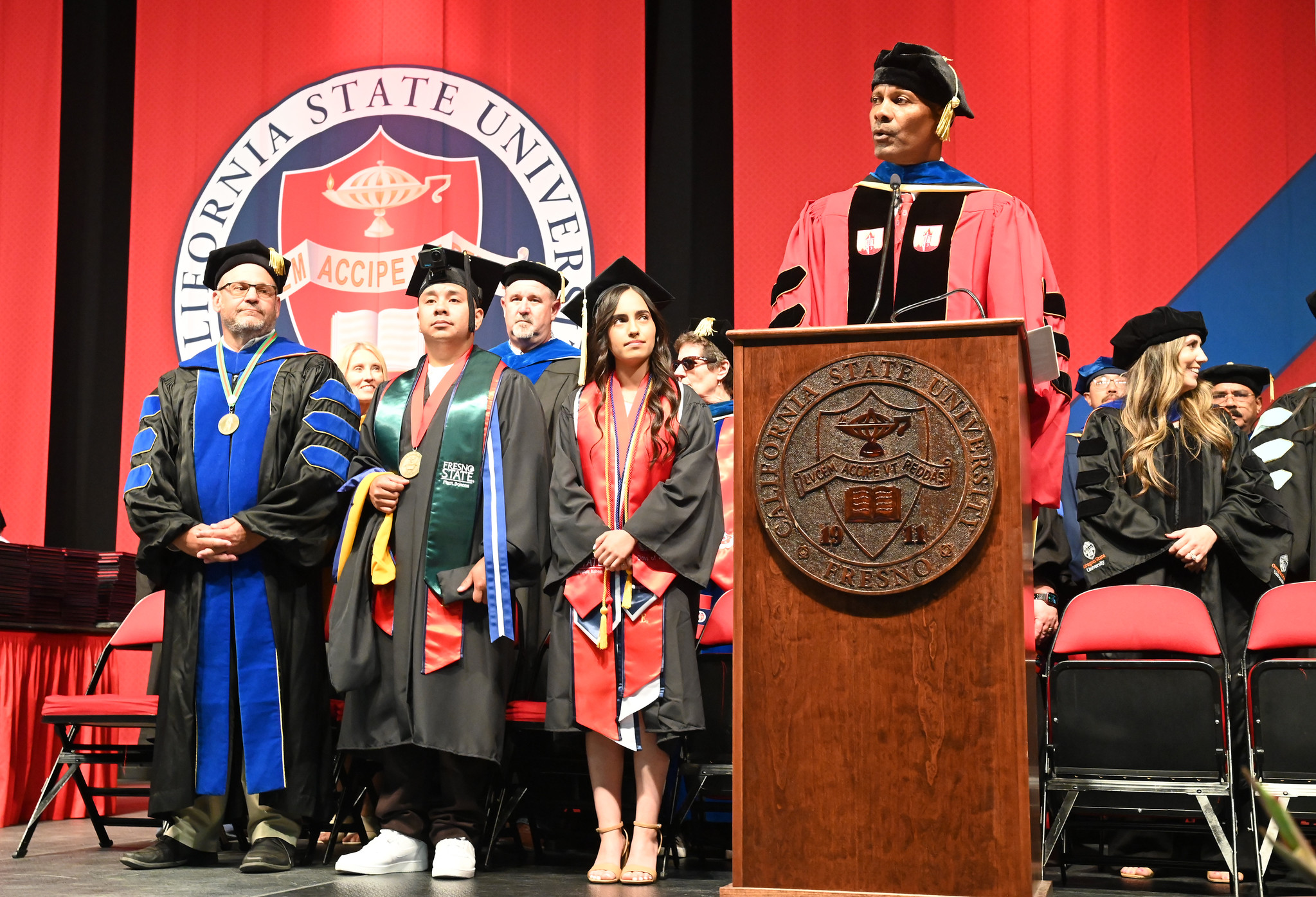 Jordan College Dean and medalists at commencement ceremony