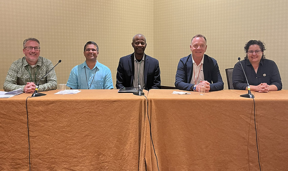 Fresno State Jordan College Dean Rolston St. Hilaire participates in a panel discussion about artificial AI projects at the American Society for Horticultural Sciences (ASHS) annual conference in Dallas, Texas, August 2026,