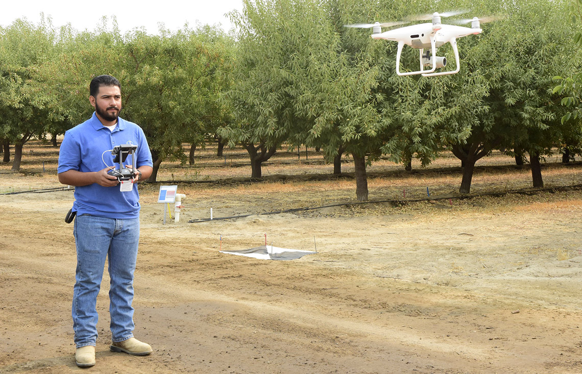 Fresno State plant science student Jesus Mireles operates drone technology at the Fresno area Bayer Crop Science Research Station.