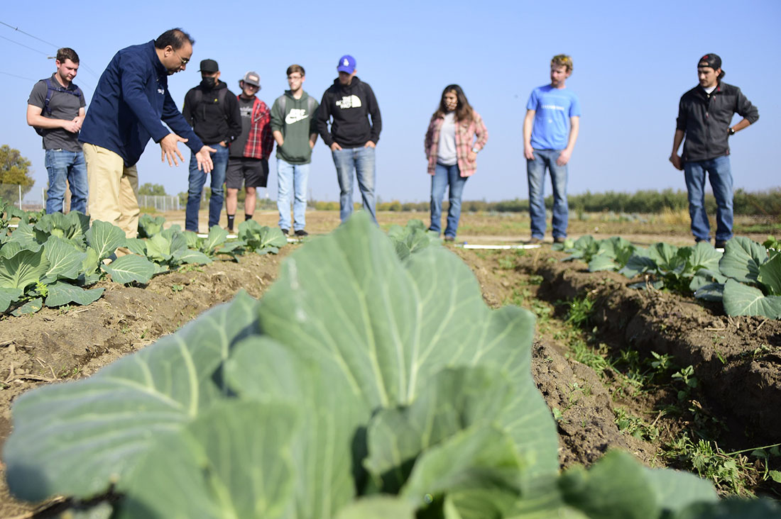 Dr. Ranjit Riar and agronomy class at campus nursery plot.